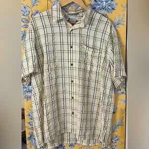 COLUMBIA XL short sleeve button down 90s style vintage cream/yellow/blue shirt